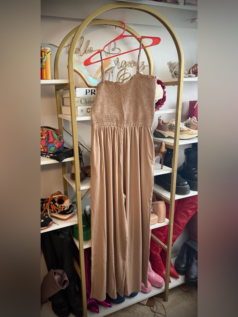 Taupe Smocked Wide Leg Jumpsuit With Pockets-large - Picture 5 of 5